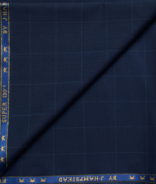 J.Hampstead Men's 60% Wool Super 130's Checks  Unstitched Trouser Fabric (Dark Royal Blue)