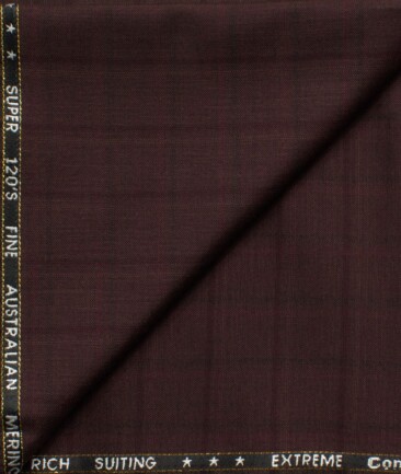 J.Hampstead Men's 60% Wool Super 120's Checks  Unstitched Trouser Fabric (Dark Wine)