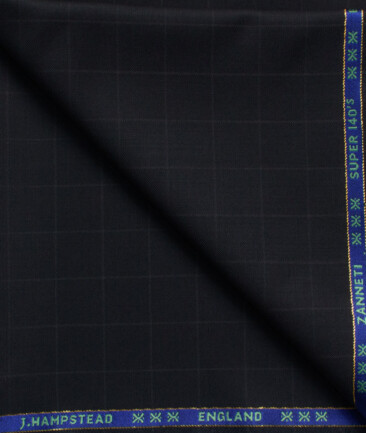 J.Hampstead Men's 60% Wool Super 140's Checks  Unstitched Trouser Fabric (Dark Navy Blue)