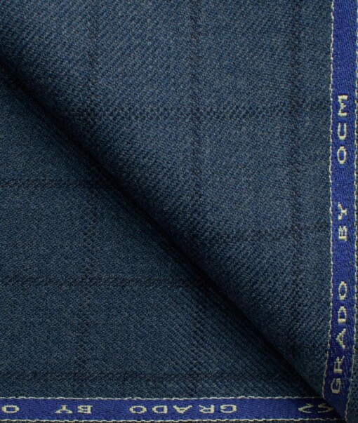 OCM Men's 50% Merino Wool  Checks  2 Meter Unstitched Tweed Jacketing & Blazer Fabric (Blue)