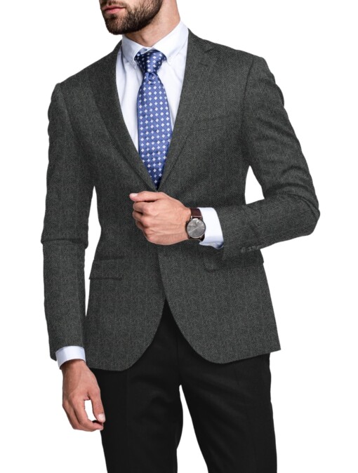 OCM Men's 100% Merino Wool Herringbone  2 Meter Unstitched Tweed Jacketing & Blazer Fabric (Dark Grey)