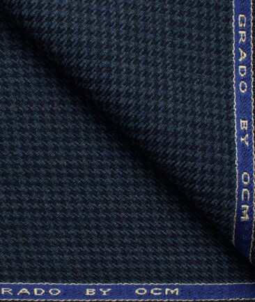 OCM Men's 50% Merino Wool  Houndstooth  2 Meter Unstitched Tweed Jacketing & Blazer Fabric (Blue)