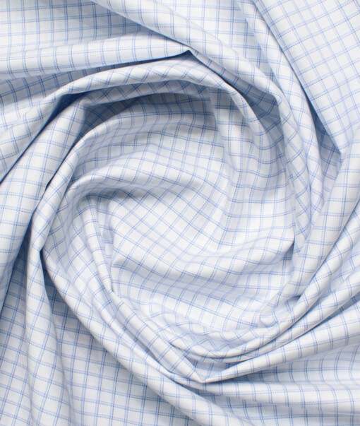 Soktas Men's Giza Cotton Checks  Unstitched Shirting Fabric (White & Blue)