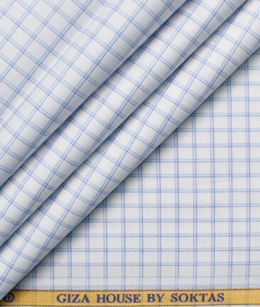 Soktas Men's Giza Cotton Checks  Unstitched Shirting Fabric (White & Blue)