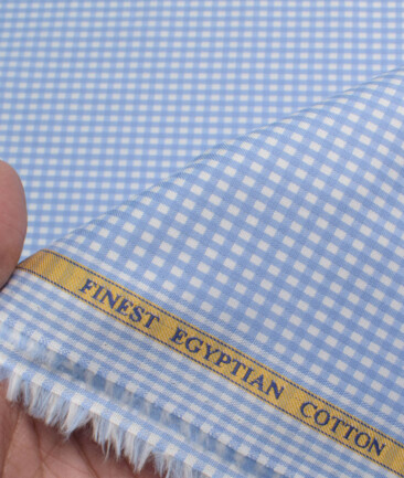 Soktas Men's Giza Cotton Checks  Unstitched Shirting Fabric (White & Sky Blue)