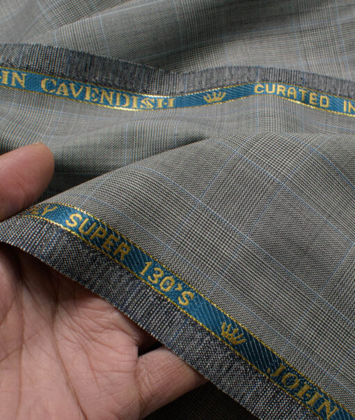 John Cavendish Men's 50% Wool Super 130's Checks  Unstitched Suiting Fabric (Grey)