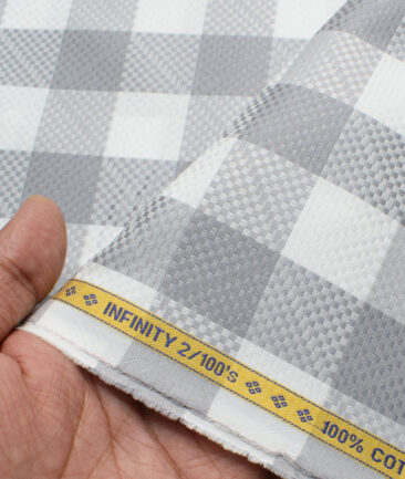 Luthai Men's 2/100's Supima Cotton Checks  Unstitched Shirting Fabric (White & Grey)