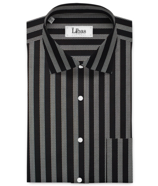 Soktas Men's 80's Giza Cotton Striped  Unstitched Shirting Fabric (Black & White)
