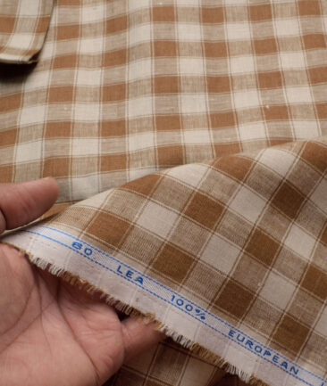 J.Hampstead Men's 100% Linen 60 LEA Checks  Unstitched Shirt Fabric (Beige & Brown) - Image 2