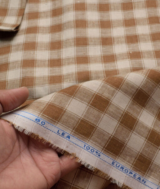 J.Hampstead Men's 100% Linen 60 LEA Checks  Unstitched Shirt Fabric (Beige & Brown) - Image 2