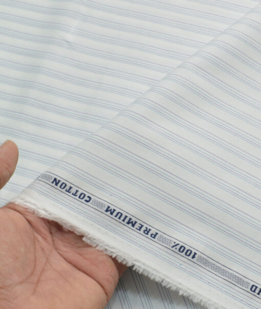 Raymond Men's 100% Cotton Striped  Unstitched Shirting Fabric (White & Blue) - Image 3