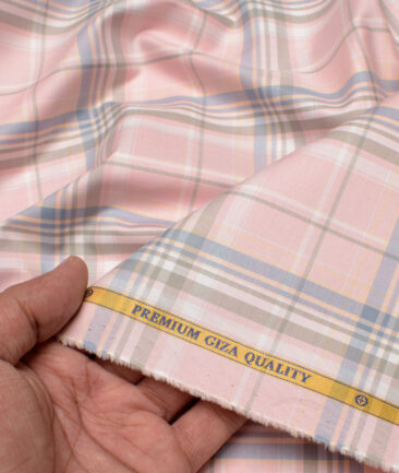 Soktas Men's  Giza Cotton Checks  Unstitched Shirting Fabric (Pink)