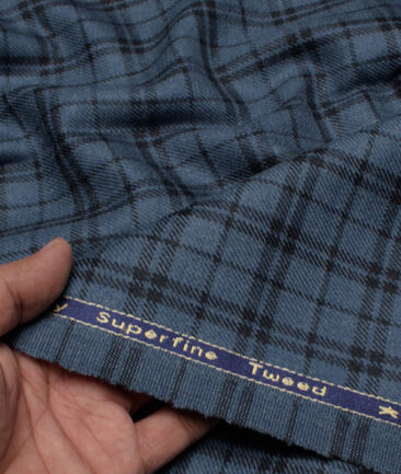 OCM Men's Wool Checks Medium & Soft Unstitched Tweed Jacketing & Blazer Fabric (Blue & Black) - Image 2