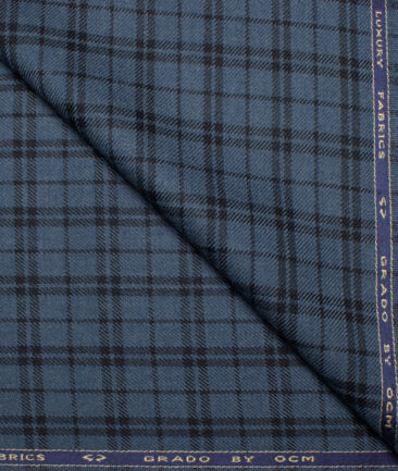 OCM Men's Wool Checks Medium & Soft Unstitched Tweed Jacketing & Blazer Fabric (Blue & Black)