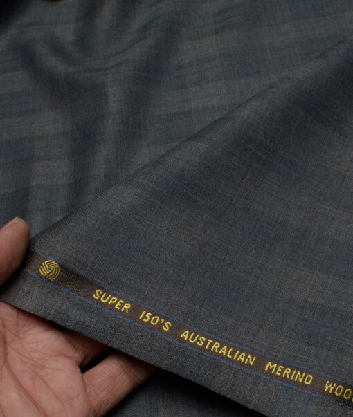Vercelli Italy Men's 70% Wool Super 150's Checks  Unstitched Suiting Fabric (Grey & Blue)