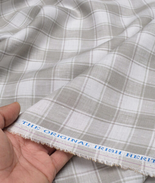 Burgoyne  60 LEA Irish Linen Checks  Unstitched Shirt or Kurta Fabric (White & Grey)