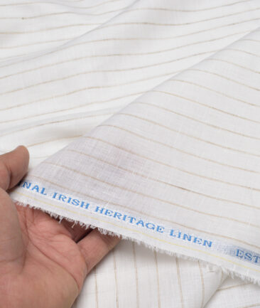 Burgoyne  80 LEA Irish Linen Striped  Unstitched Shirt or Kurta Fabric (White & Light Brown)