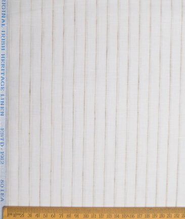 Burgoyne  80 LEA Irish Linen Striped  Unstitched Shirt or Kurta Fabric (White & Light Brown)