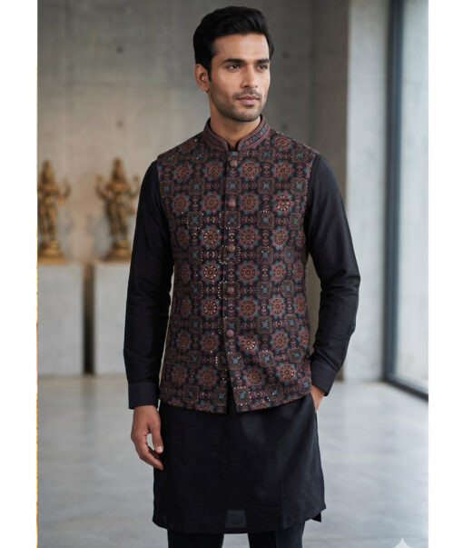 Absoluto  Faux Silk  Embroidered  Ethnic Suiting Fabric (Black) - Image 2