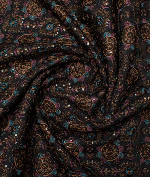 Absoluto  Faux Silk  Embroidered  Ethnic Suiting Fabric (Black)