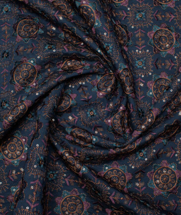 Absoluto  Faux Silk  Embroidered  Ethnic Suiting Fabric (Royal Blue)