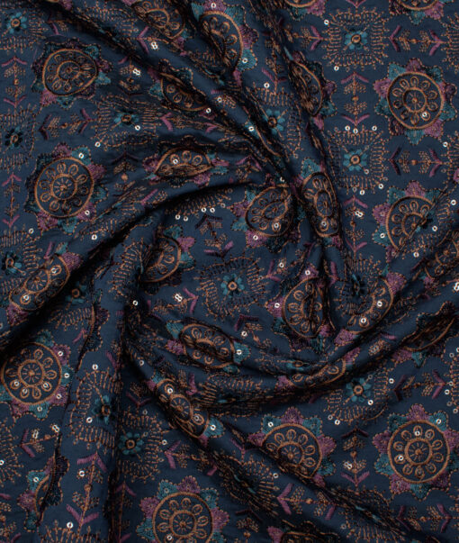 Absoluto  Faux Silk  Embroidered  Ethnic Suiting Fabric (Royal Blue)