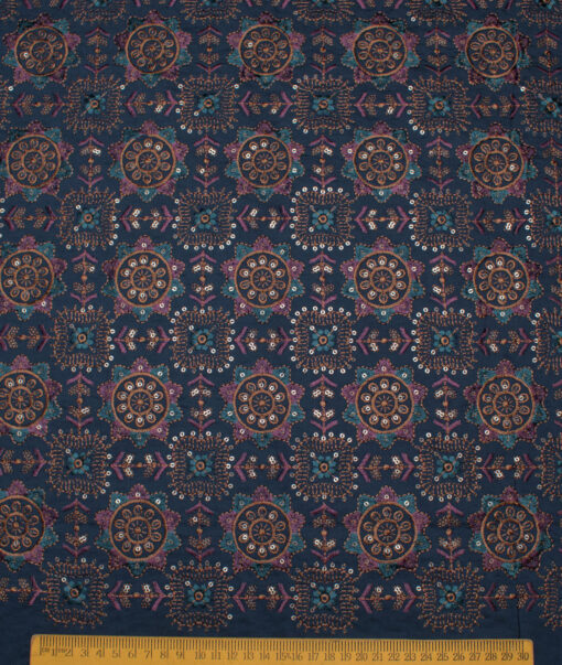 Absoluto  Faux Silk  Embroidered  Ethnic Suiting Fabric (Royal Blue)