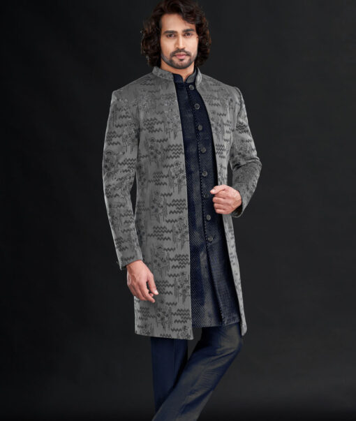 Aspen  Velvet  Embroidered  Ethnic Suiting Fabric (Light Grey)