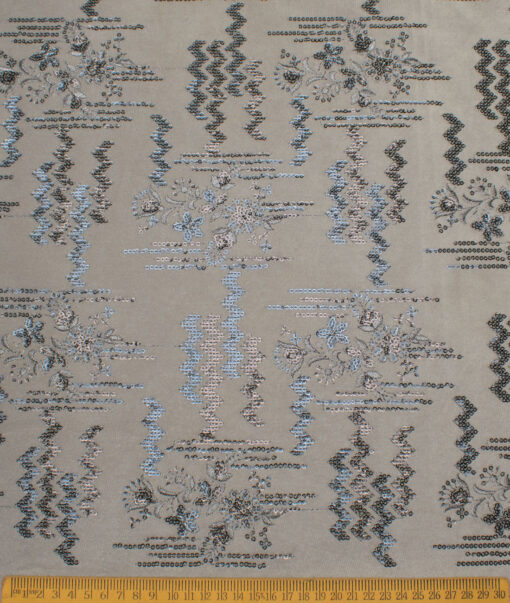 Aspen  Velvet  Embroidered  Ethnic Suiting Fabric (Light Grey)
