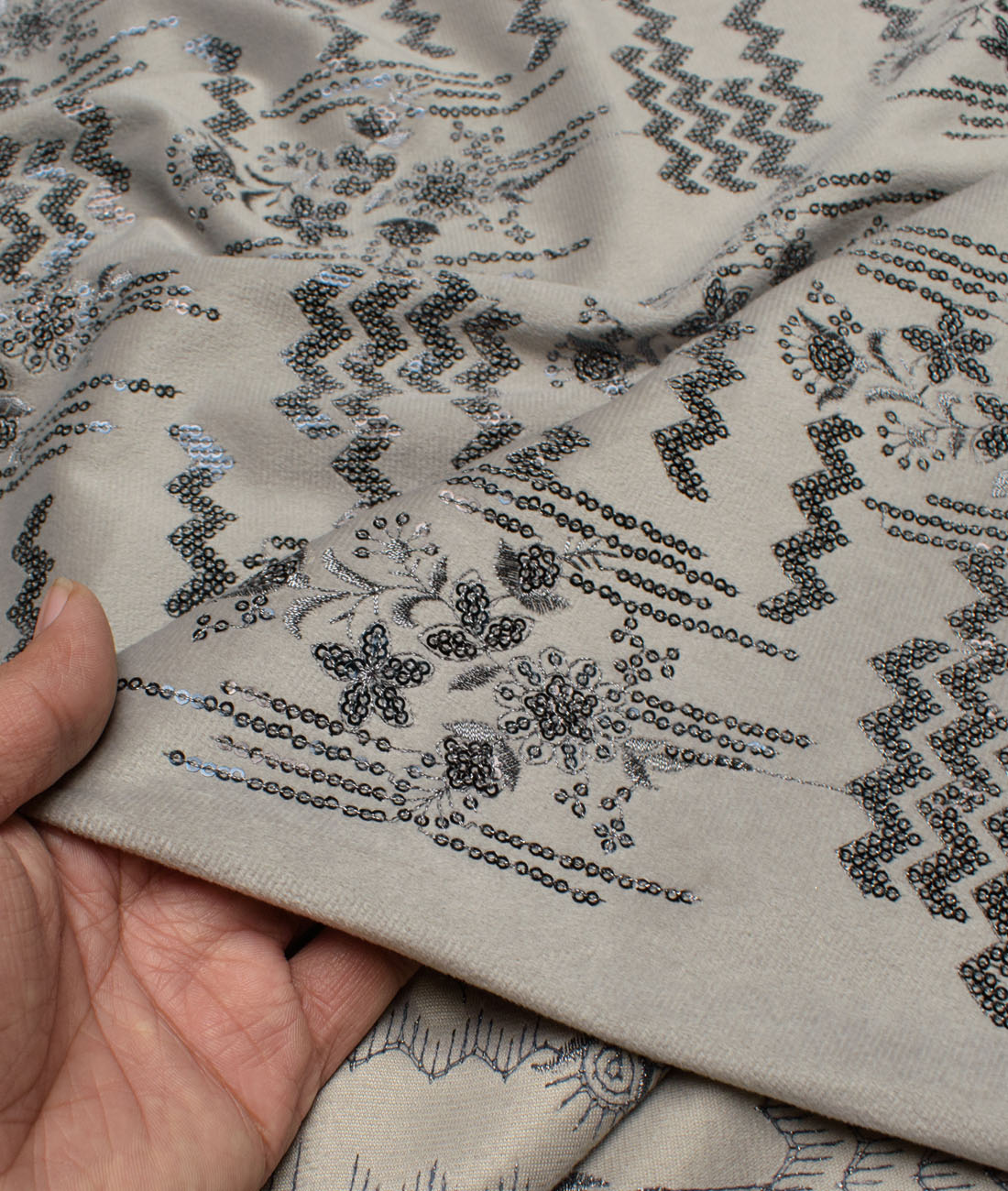 Aspen Velvet Embroidered Ethnic Suiting Fabric (Light Grey) Aspen Velvet Embroidered Ethnic Suiting Fabric (Light Grey)