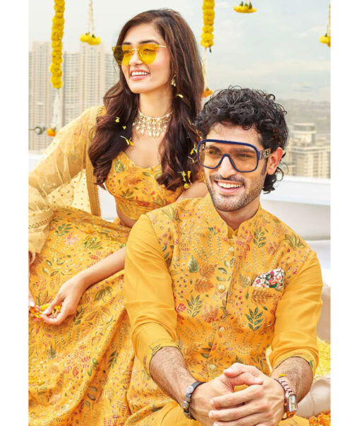 Don & Julio  Faux Silk  Embroidered  Ethnic Suiting Fabric (Yellow)