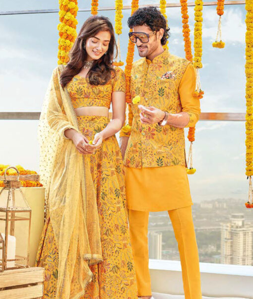 Don & Julio  Faux Silk  Embroidered  Ethnic Suiting Fabric (Yellow)