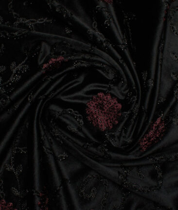 Ethnair by Siyaram's  Velvet  Embroidered  Ethnic Suiting Fabric (Black base with Black & Maroon Sequin Embroidery)