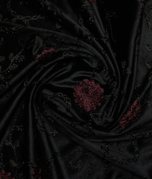 Ethnair by Siyaram's  Velvet  Embroidered  Ethnic Suiting Fabric (Black base with Black & Maroon Sequin Embroidery)