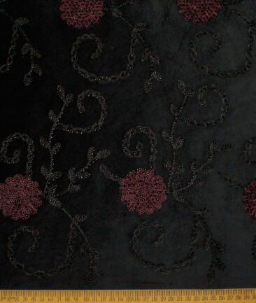 Ethnair by Siyaram's  Velvet  Embroidered  Ethnic Suiting Fabric (Black base with Black & Maroon Sequin Embroidery)