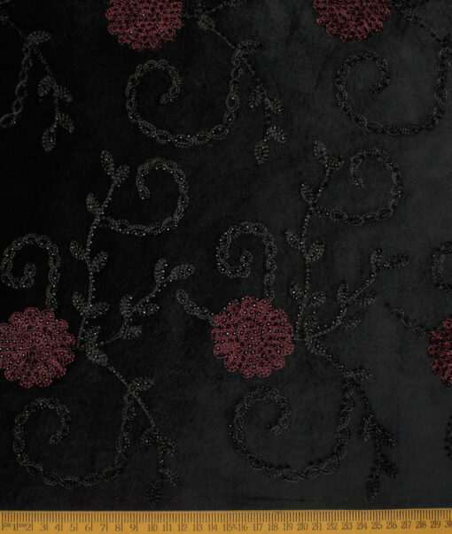 Ethnair by Siyaram's  Velvet  Embroidered  Ethnic Suiting Fabric (Black base with Black & Maroon Sequin Embroidery)