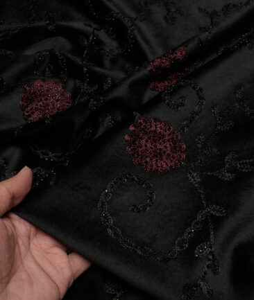 Ethnair by Siyaram's  Velvet  Embroidered  Ethnic Suiting Fabric (Black base with Black & Maroon Sequin Embroidery)