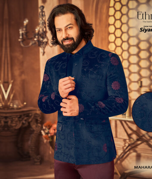 Ethnair by Siyaram's  Velvet  Embroidered  Ethnic Suiting Fabric (Dark Blue)