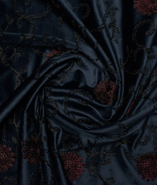Ethnair by Siyaram's  Velvet  Embroidered  Ethnic Suiting Fabric (Dark Blue)