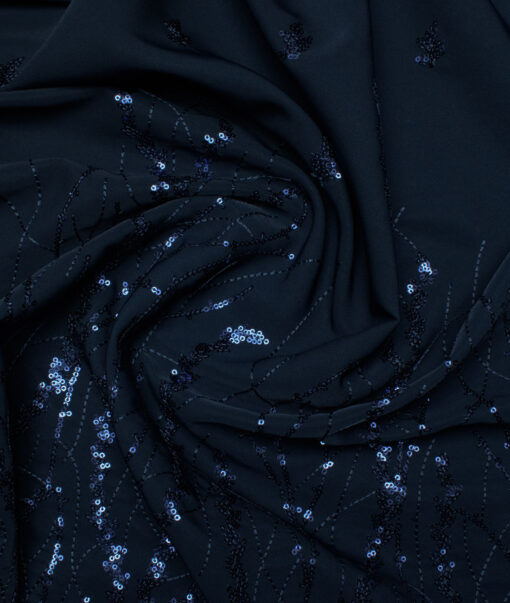 Ethina  Terry Rayon  Embroidered  Ethnic Suiting Fabric (Dark Ocean Blue)