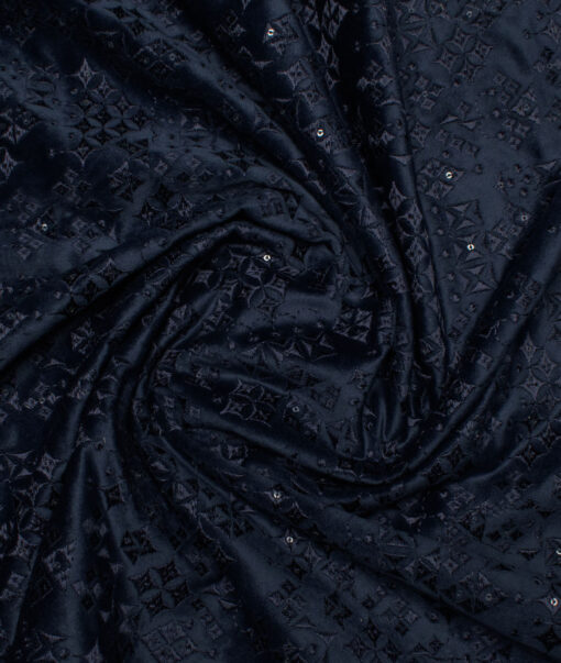 Solino  Velvet  Embroidered  Ethnic Suiting Fabric (Dark Royal Blue)