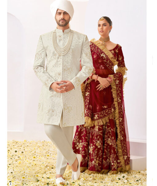Solino  Faux Silk  Embroidered  Ethnic Suiting Fabric (White)