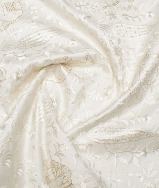 Solino  Faux Silk  Embroidered  Ethnic Suiting Fabric (White)