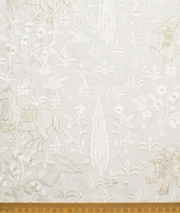 Solino  Faux Silk  Embroidered  Ethnic Suiting Fabric (White)