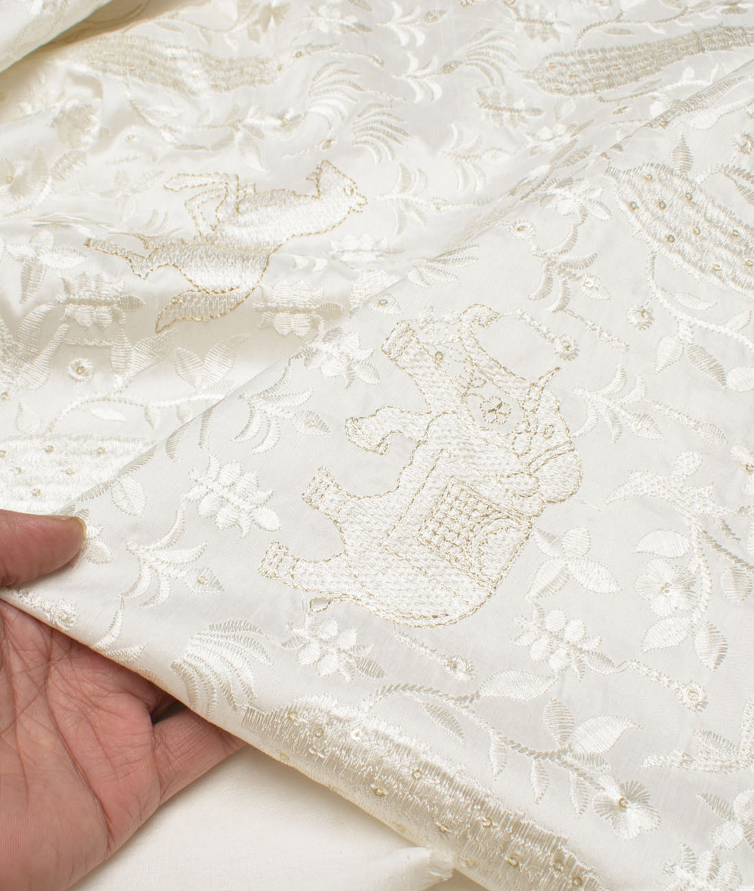 Solino Faux Silk Embroidered Ethnic Suiting Fabric (White) Solino Faux Silk Embroidered Ethnic Suiting Fabric (White)