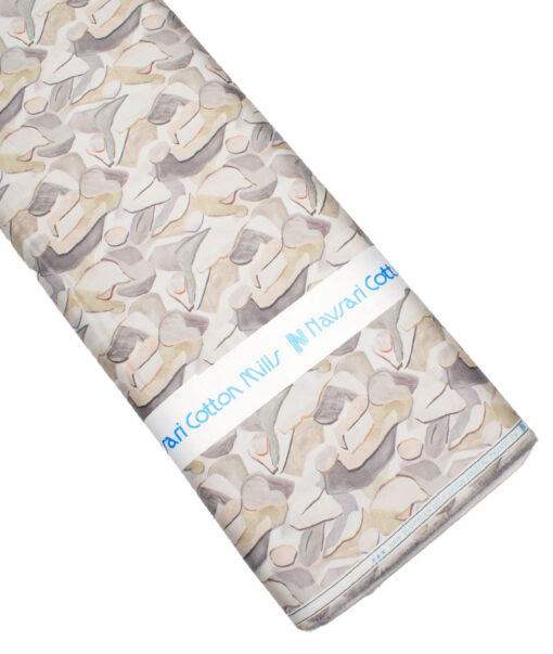 Navsari  Cotton Printed Shirt or Kurta Fabric (White & Beige)
