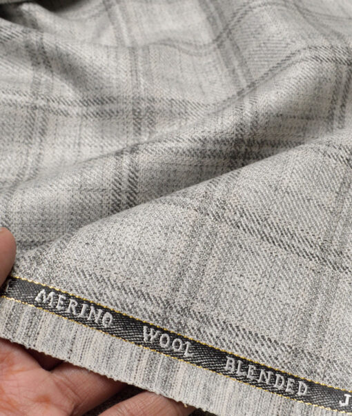Cavalero Italy 30% Merino Wool  Checks Unstitched Fabric for Jacketing or Blazer  (Silver Grey)