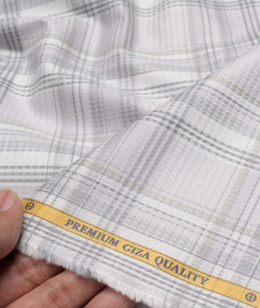 Soktas  Giza Cotton Checks Shirting Fabric (White & Grey)
