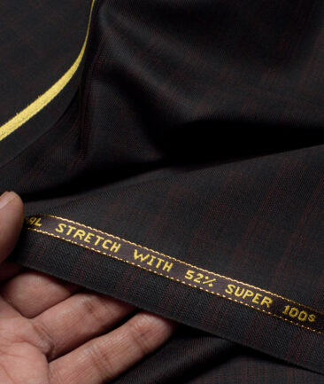 Raymond Exotic Super 100's Checks 52% Merino Wool Stretchable Suiting Fabric (Black & Wine)