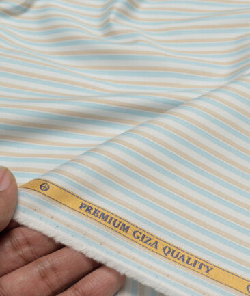 Soktas  Giza Cotton Striped Shirting Fabric (White & Brown)